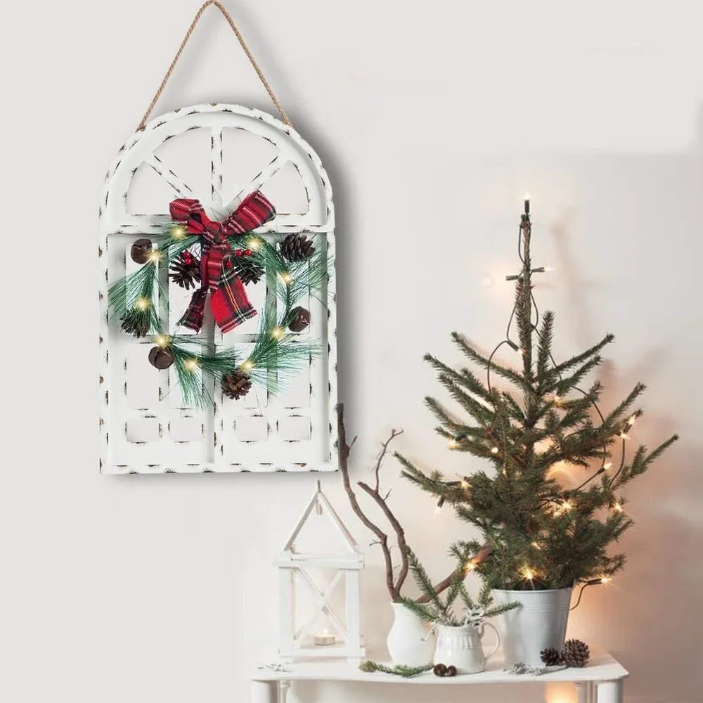 LED Wooden Christmas Wreath Wall Hanging for Elegant Holiday Decor | 16.5
